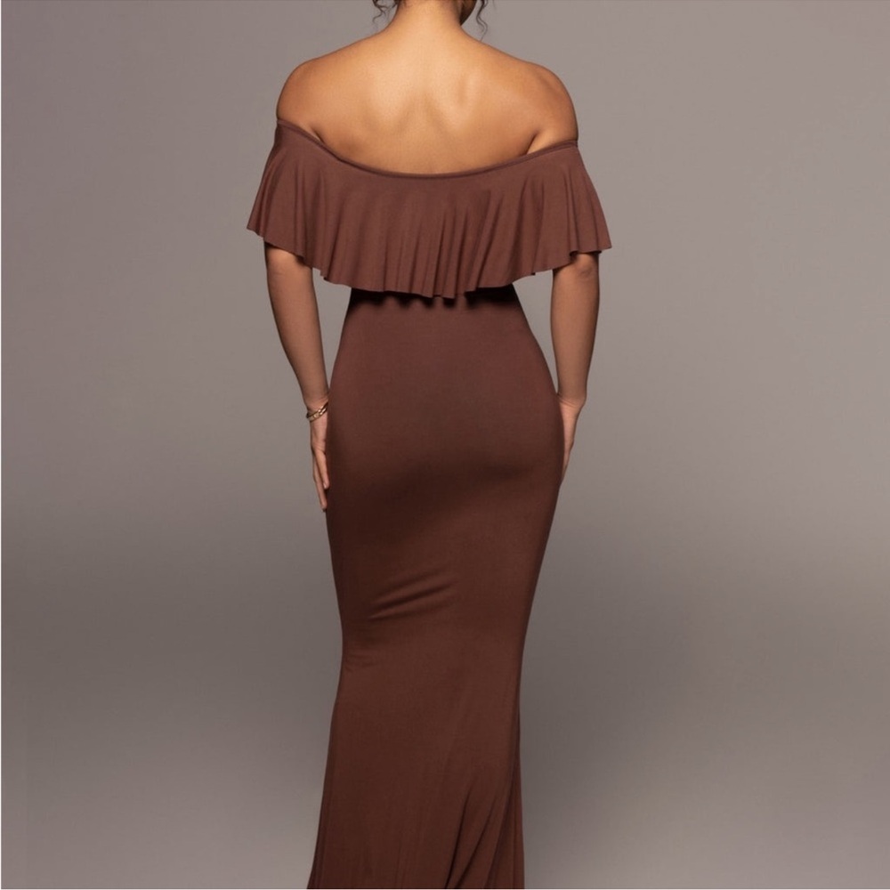 JLUXLABEL Chocolate Brown Ruffle Maxi Dress, - Picture 2 of 3